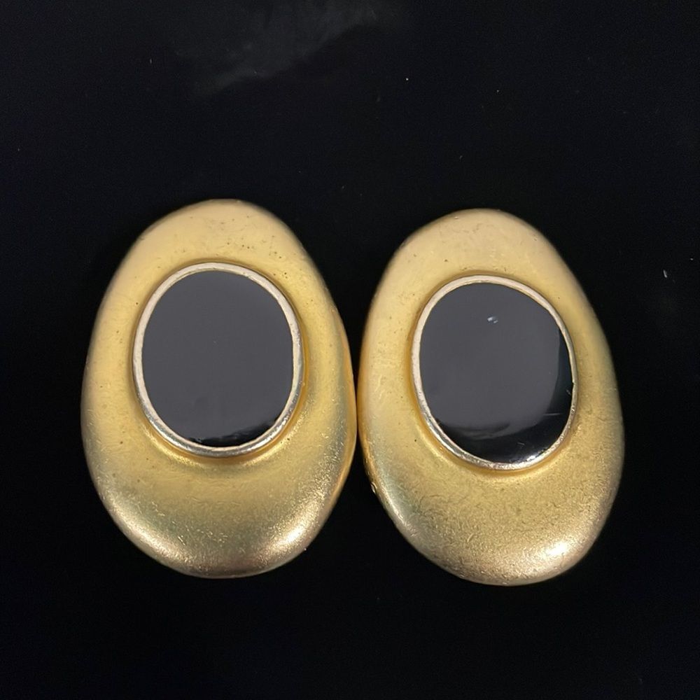 Vintage Erwin Pearl‎ Earrings black Stone Gold tone DESIGNER Couture Style 80s